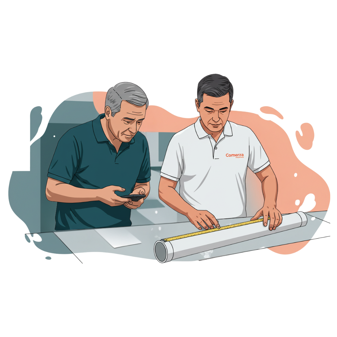Variedad de fittings y materiales COMERZA ordenados sobre una superficie clara