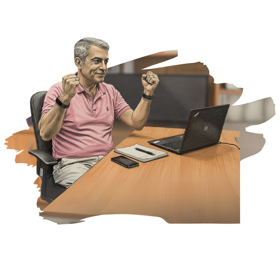 Ilustración de persona consultando una pantalla con íconos de preguntas y respuestas